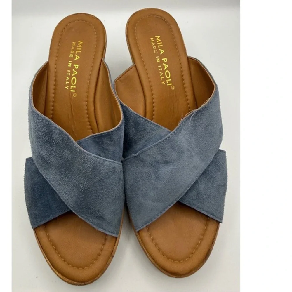 Mila Paoli Women Size 9 Blue Suede‎ Wedge Open Toe Sandals Platform Espadrille